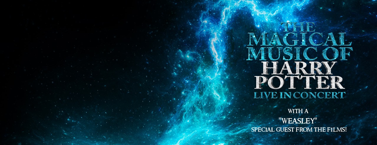 The Magical Music of Harry Potter Logo, Hintergrund schwarz mit feueratrigem blauem Licht