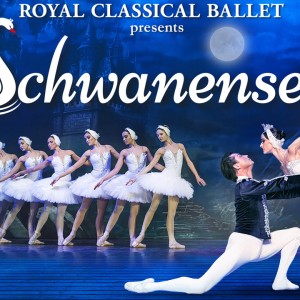 Schwanensee Ballettänzerinnen stehen in Reihe, Mann und Frau vorne zu zweit